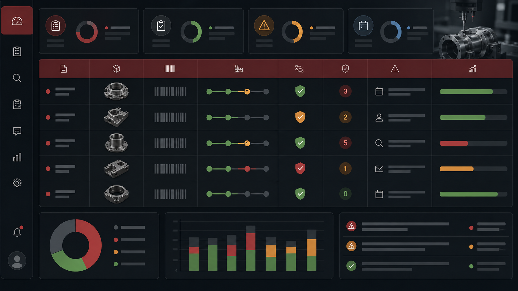 Anonymized project tracking dashboard showing component rows, ITP progress, open findings and status charts